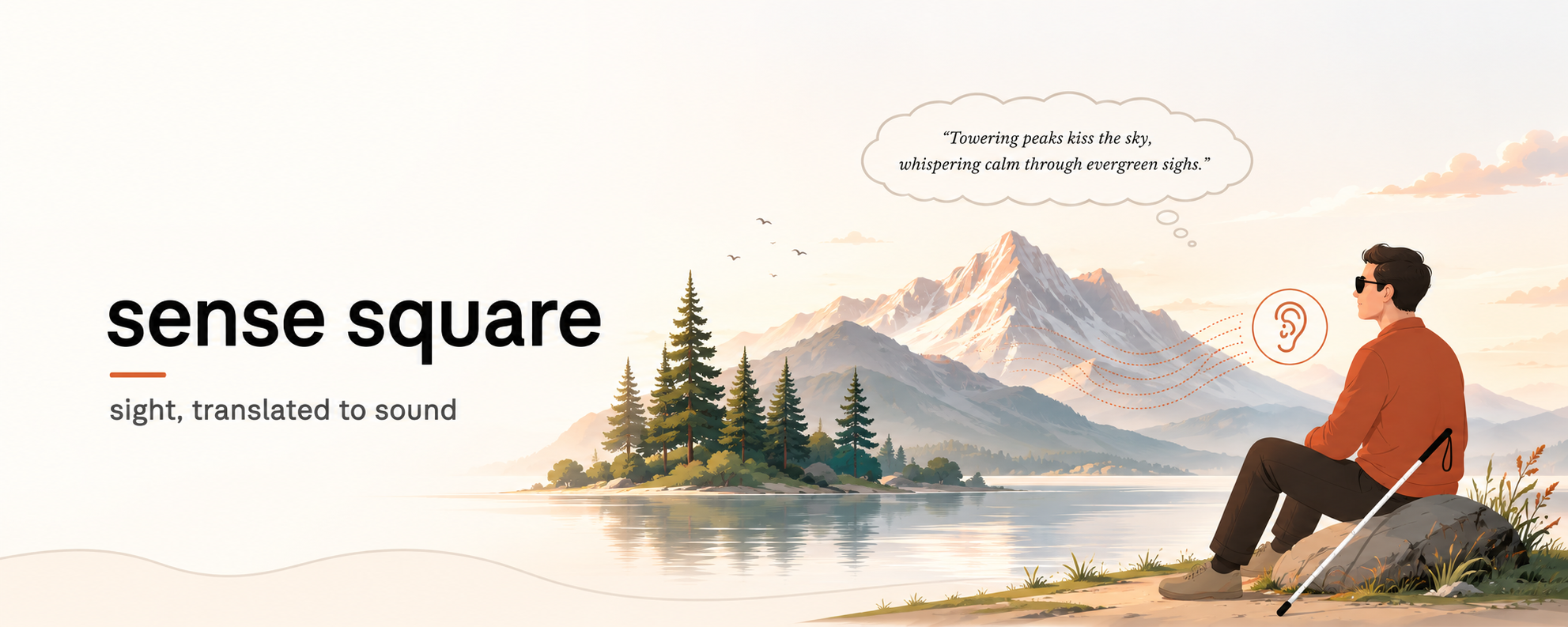 Illustration of a blind man with a white cane sitting beside a lake, facing pine trees and mountains as sound lines travel toward an ear symbol.